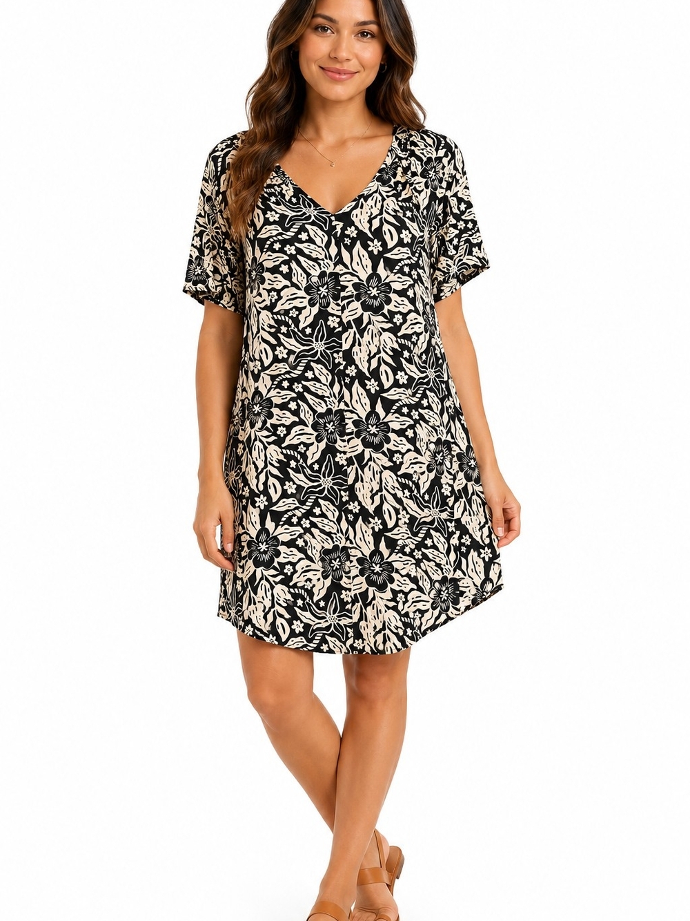 Floral V-Neck Midi Dress in Black and Cream